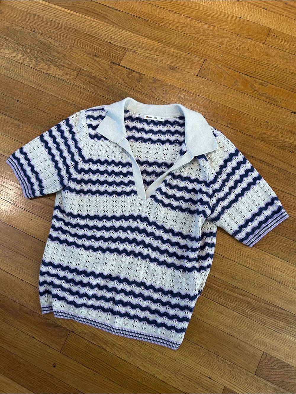 Marine Layer Short-Sleeve Knit Polo in cream and purple stripes